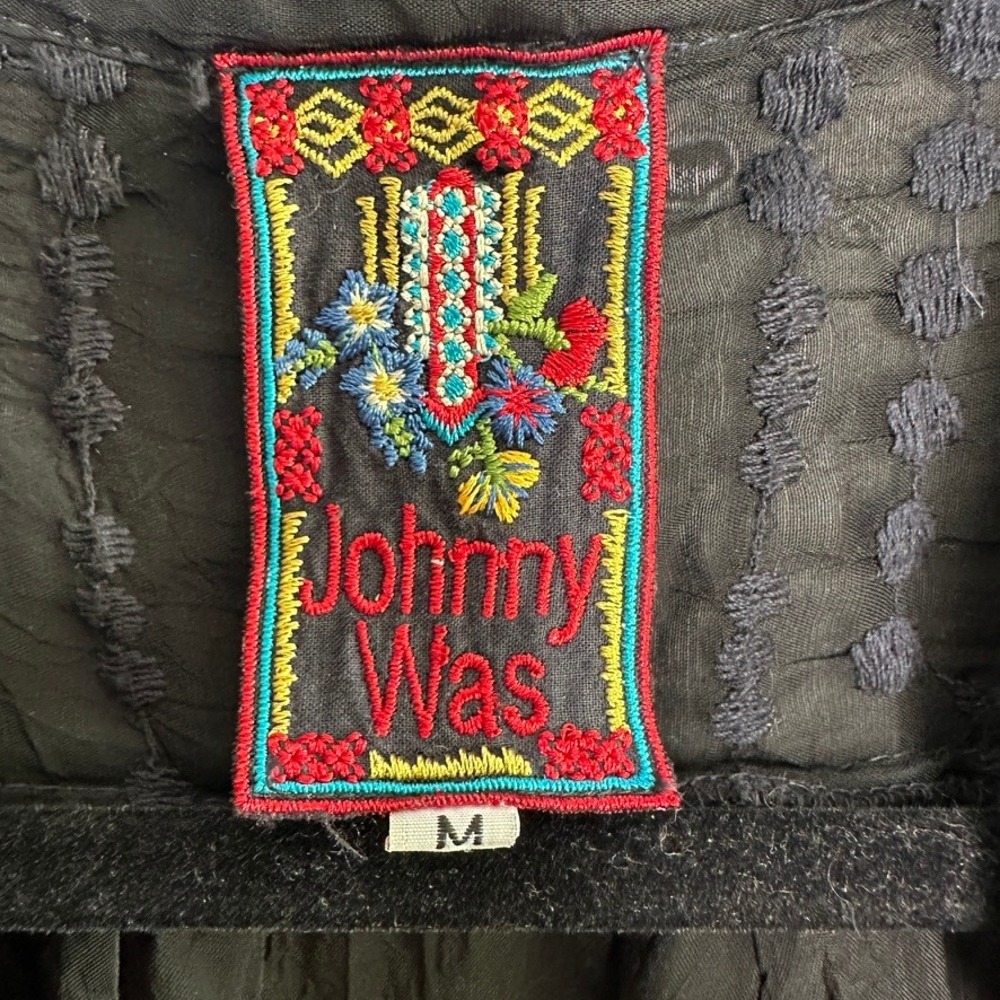 Johnny Was Black Embroidered Cupra Rayon Tunic Blouse V-Neck Medium Boho Top - Picture 3 of 8